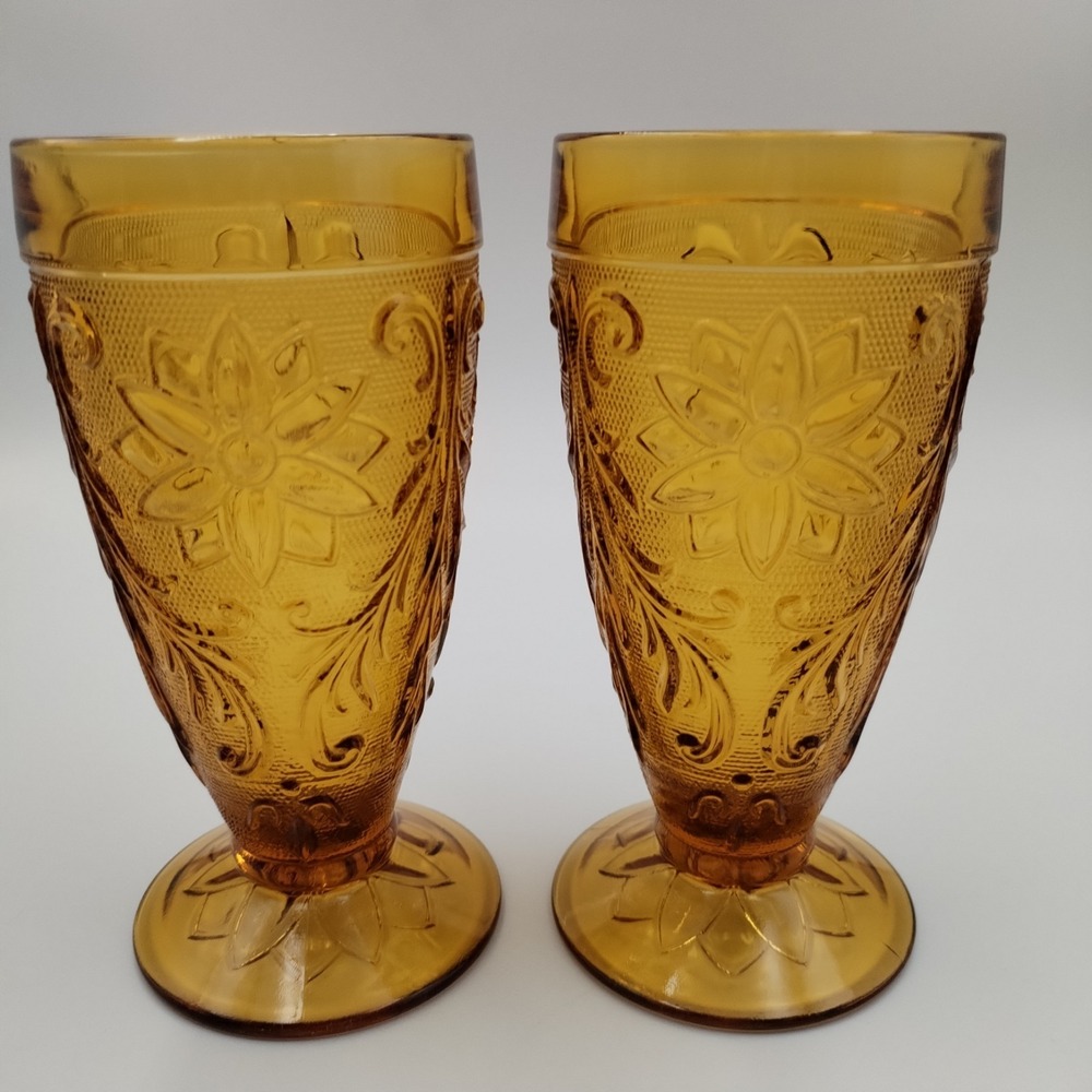 Vintage‎ Indiana Glass Amber Sandwich Pattern Footed Water Goblets 6" Set of 2